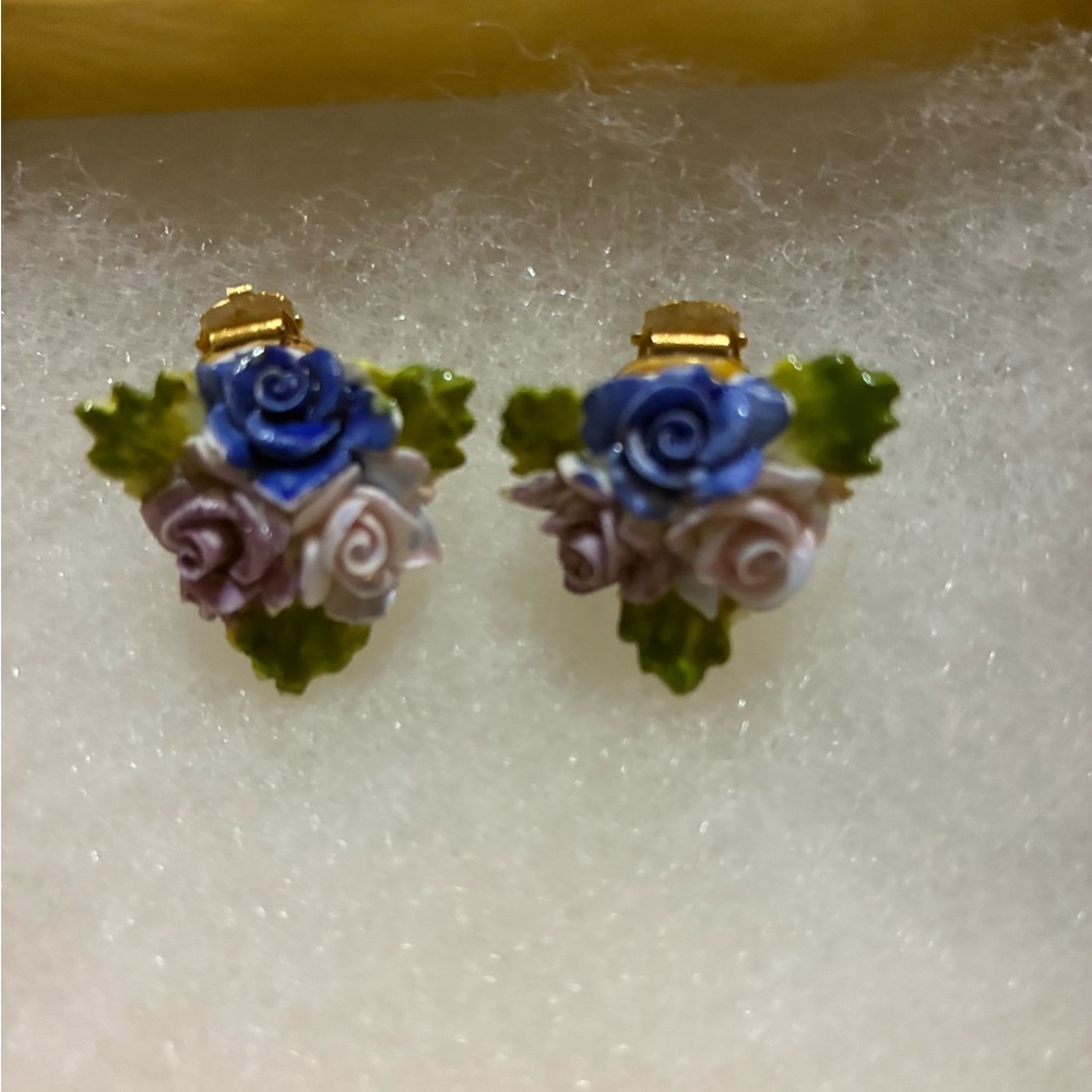 Floral Porcelain Earrings with Blue and Purple Roses